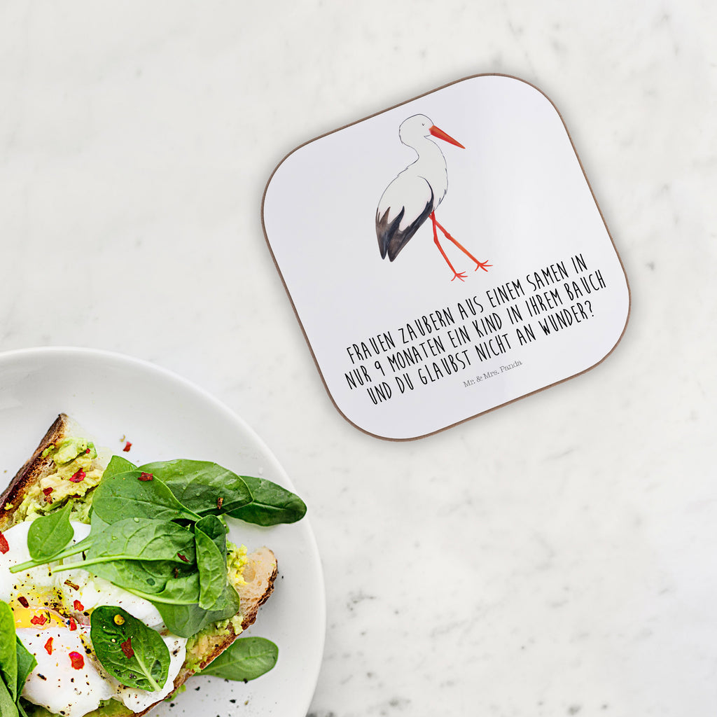 Quadratische Untersetzer Storch Bierdeckel, Glasuntersetzer, Untersetzer Gläser, Getränkeuntersetzer, Tiermotive, Gute Laune, lustige Sprüche, Tiere, Storch, Störche, Schwangerschaft, Geburt, Mutter, Mütter, Mutter werden, Schwanger, Babybauch, Baby