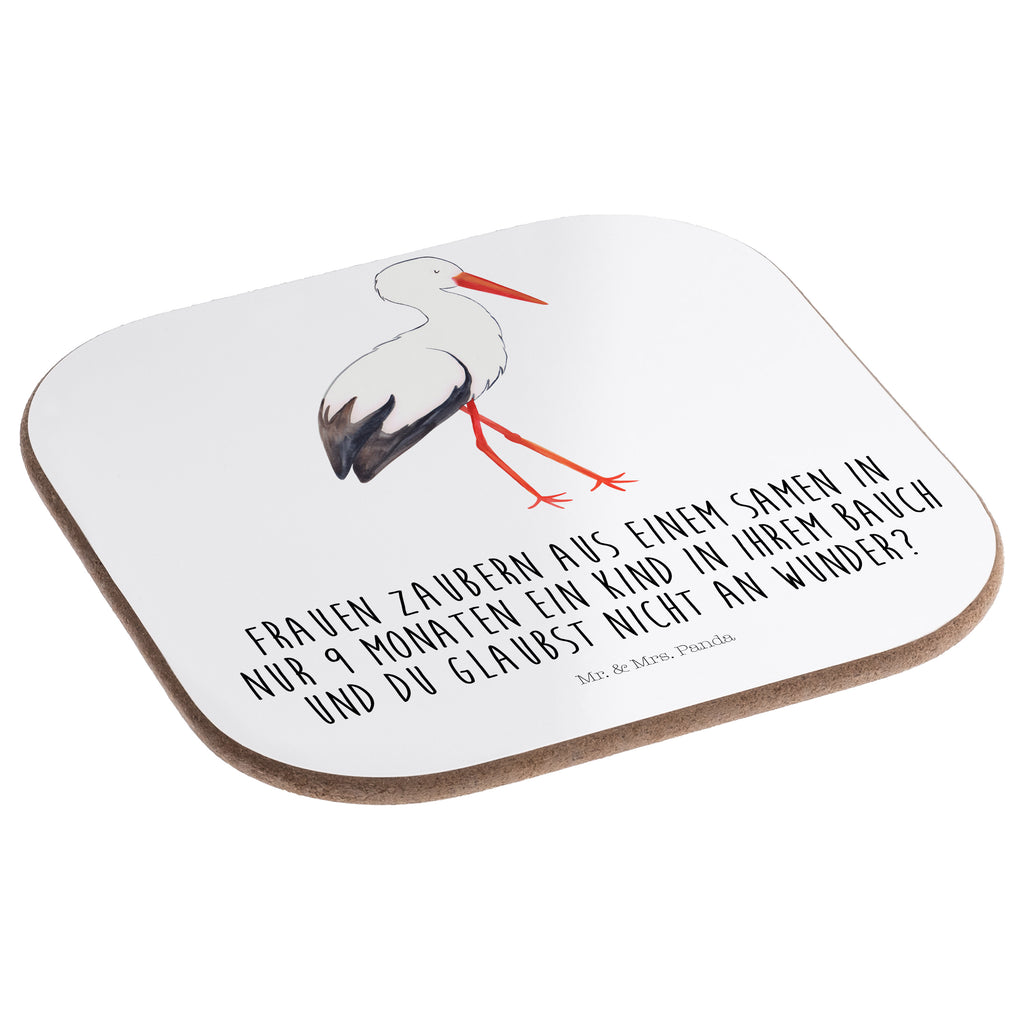 Quadratische Untersetzer Storch Bierdeckel, Glasuntersetzer, Untersetzer Gläser, Getränkeuntersetzer, Tiermotive, Gute Laune, lustige Sprüche, Tiere, Storch, Störche, Schwangerschaft, Geburt, Mutter, Mütter, Mutter werden, Schwanger, Babybauch, Baby