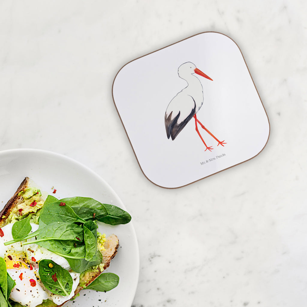 Quadratische Untersetzer Storch Bierdeckel, Glasuntersetzer, Untersetzer Gläser, Getränkeuntersetzer, Tiermotive, Gute Laune, lustige Sprüche, Tiere, Storch, Störche, Schwangerschaft, Geburt, Mutter, Mütter, Mutter werden, Schwanger, Babybauch, Baby