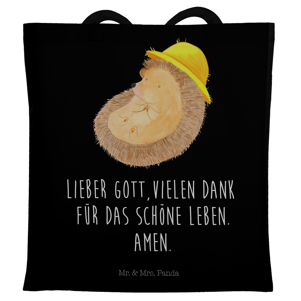 Tragetasche Igel betet Beuteltasche, Beutel, Einkaufstasche, Jutebeutel, Stoffbeutel, Tiermotive, Gute Laune, lustige Sprüche, Tiere, Igel, Igel mit Hut, Sonnenhut, Gott, Amen, beten, Leben, Dankbarkeit, Dankbar sein, dankbar, genießen