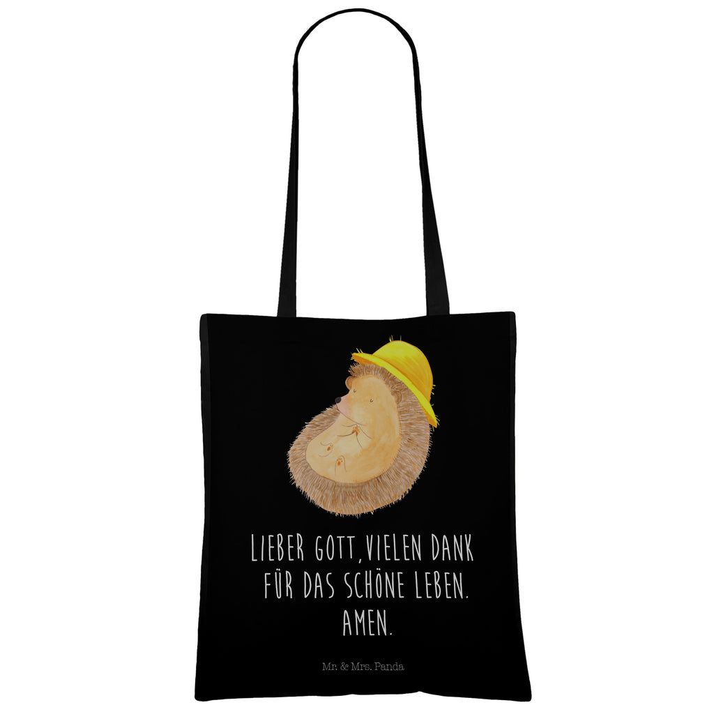 Tragetasche Igel betet Beuteltasche, Beutel, Einkaufstasche, Jutebeutel, Stoffbeutel, Tiermotive, Gute Laune, lustige Sprüche, Tiere, Igel, Igel mit Hut, Sonnenhut, Gott, Amen, beten, Leben, Dankbarkeit, Dankbar sein, dankbar, genießen