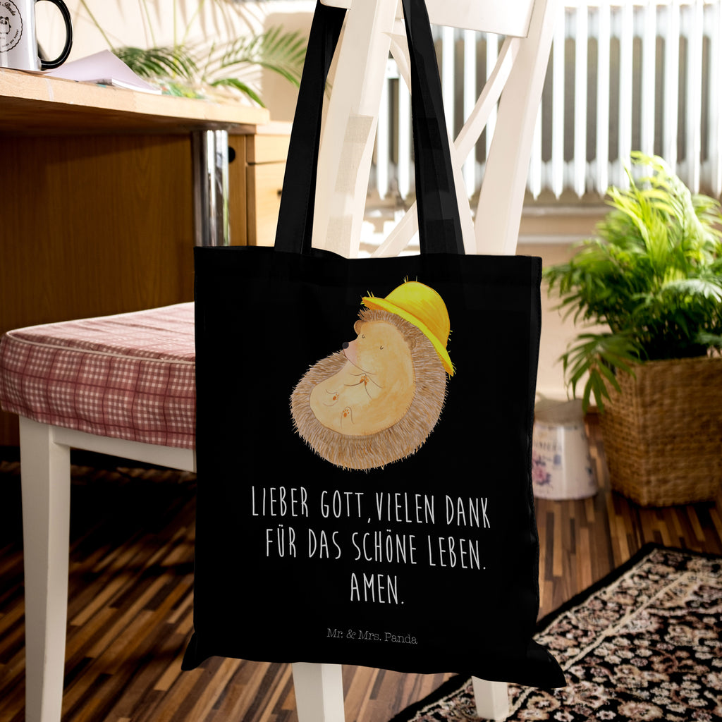 Tragetasche Igel betet Beuteltasche, Beutel, Einkaufstasche, Jutebeutel, Stoffbeutel, Tiermotive, Gute Laune, lustige Sprüche, Tiere, Igel, Igel mit Hut, Sonnenhut, Gott, Amen, beten, Leben, Dankbarkeit, Dankbar sein, dankbar, genießen