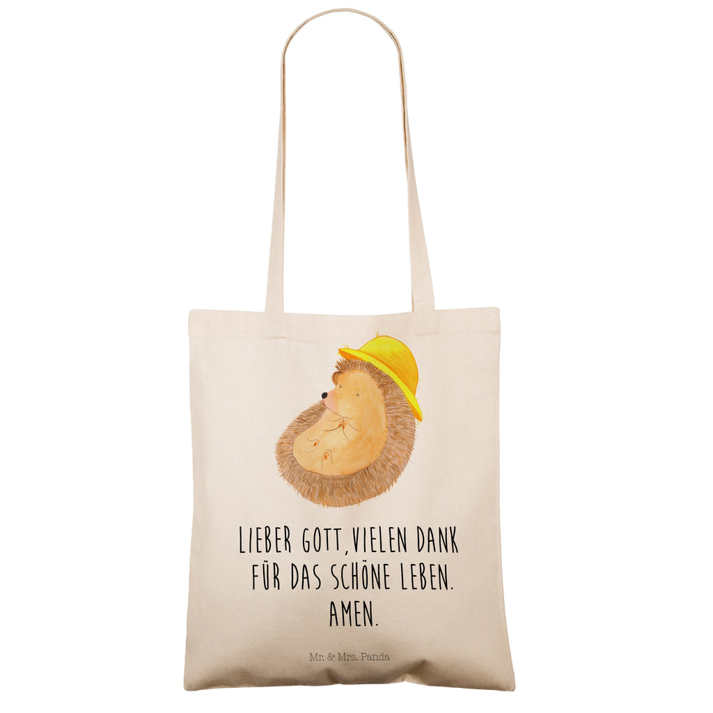 Tragetasche Igel betet Beuteltasche, Beutel, Einkaufstasche, Jutebeutel, Stoffbeutel, Tiermotive, Gute Laune, lustige Sprüche, Tiere, Igel, Igel mit Hut, Sonnenhut, Gott, Amen, beten, Leben, Dankbarkeit, Dankbar sein, dankbar, genießen