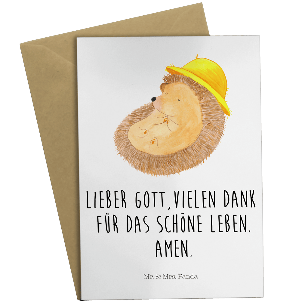 Grußkarte Igel betet Klappkarte, Einladungskarte, Glückwunschkarte, Hochzeitskarte, Geburtstagskarte, Karte, Tiermotive, Gute Laune, lustige Sprüche, Tiere, Igel, Igel mit Hut, Sonnenhut, Gott, Amen, beten, Leben, Dankbarkeit, Dankbar sein, dankbar, genießen