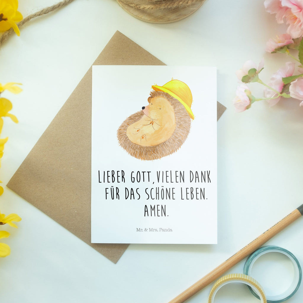 Grußkarte Igel betet Klappkarte, Einladungskarte, Glückwunschkarte, Hochzeitskarte, Geburtstagskarte, Karte, Tiermotive, Gute Laune, lustige Sprüche, Tiere, Igel, Igel mit Hut, Sonnenhut, Gott, Amen, beten, Leben, Dankbarkeit, Dankbar sein, dankbar, genießen