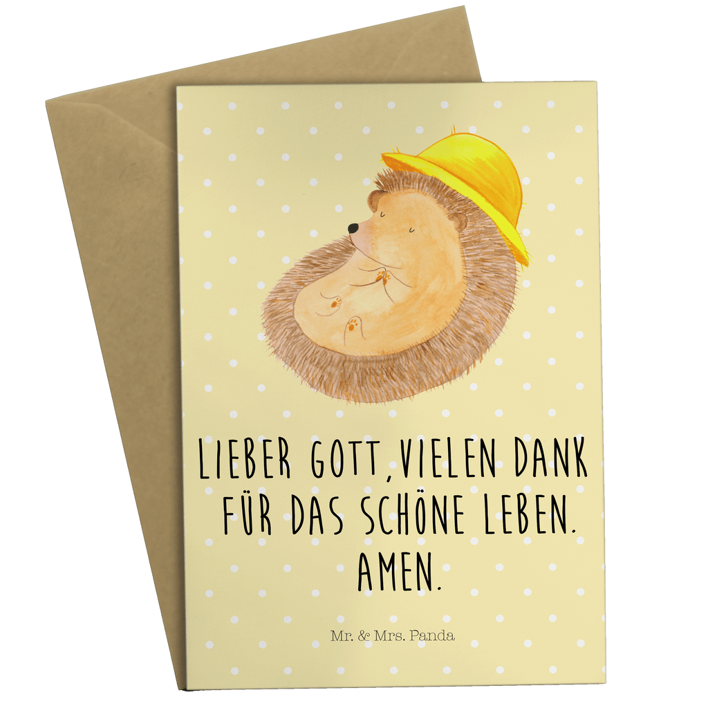 Grußkarte Igel betet Klappkarte, Einladungskarte, Glückwunschkarte, Hochzeitskarte, Geburtstagskarte, Karte, Tiermotive, Gute Laune, lustige Sprüche, Tiere, Igel, Igel mit Hut, Sonnenhut, Gott, Amen, beten, Leben, Dankbarkeit, Dankbar sein, dankbar, genießen