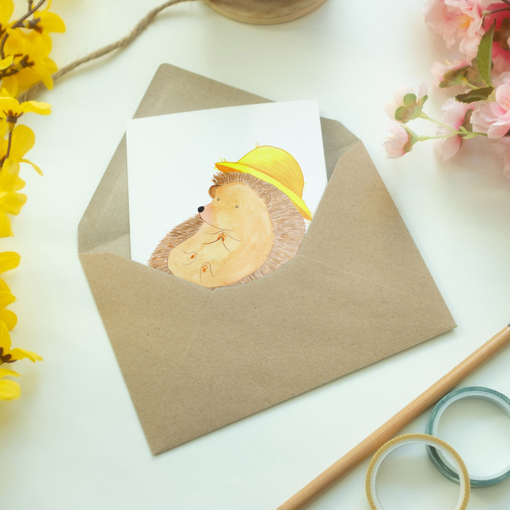 Grußkarte Igel betet Klappkarte, Einladungskarte, Glückwunschkarte, Hochzeitskarte, Geburtstagskarte, Karte, Tiermotive, Gute Laune, lustige Sprüche, Tiere, Igel, Igel mit Hut, Sonnenhut, Gott, Amen, beten, Leben, Dankbarkeit, Dankbar sein, dankbar, genießen