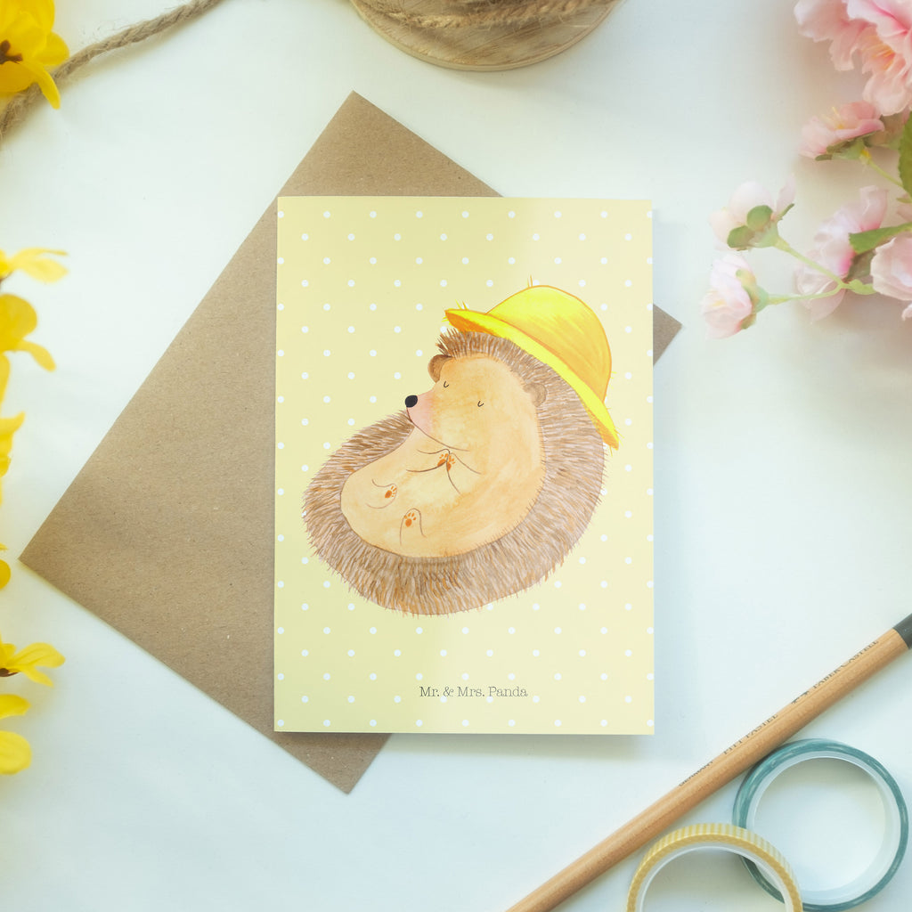 Grußkarte Igel betet Klappkarte, Einladungskarte, Glückwunschkarte, Hochzeitskarte, Geburtstagskarte, Karte, Tiermotive, Gute Laune, lustige Sprüche, Tiere, Igel, Igel mit Hut, Sonnenhut, Gott, Amen, beten, Leben, Dankbarkeit, Dankbar sein, dankbar, genießen