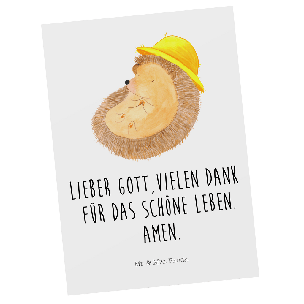 Postkarte Igel betet Geschenkkarte, Grußkarte, Karte, Einladung, Ansichtskarte, Geburtstagskarte, Einladungskarte, Dankeskarte, Tiermotive, Gute Laune, lustige Sprüche, Tiere, Igel, Igel mit Hut, Sonnenhut, Gott, Amen, beten, Leben, Dankbarkeit, Dankbar sein, dankbar, genießen