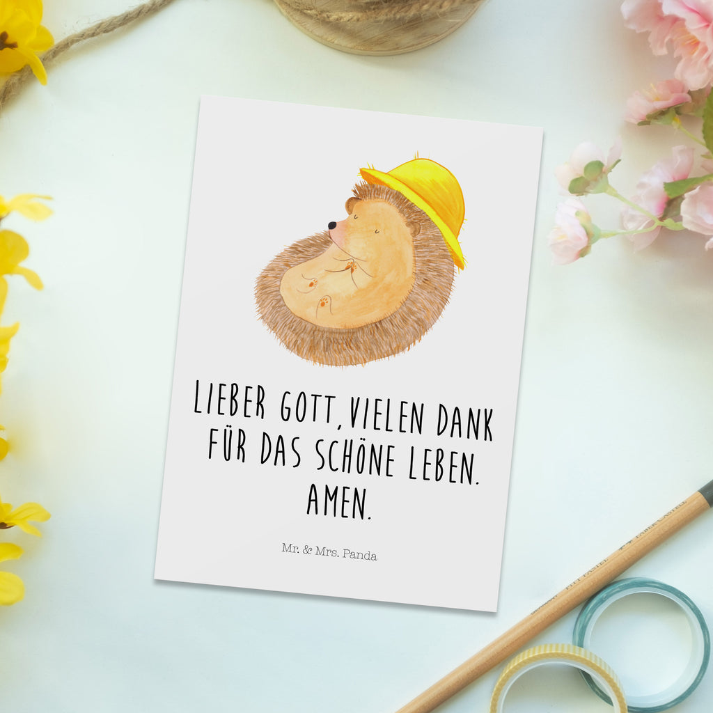 Postkarte Igel betet Geschenkkarte, Grußkarte, Karte, Einladung, Ansichtskarte, Geburtstagskarte, Einladungskarte, Dankeskarte, Tiermotive, Gute Laune, lustige Sprüche, Tiere, Igel, Igel mit Hut, Sonnenhut, Gott, Amen, beten, Leben, Dankbarkeit, Dankbar sein, dankbar, genießen