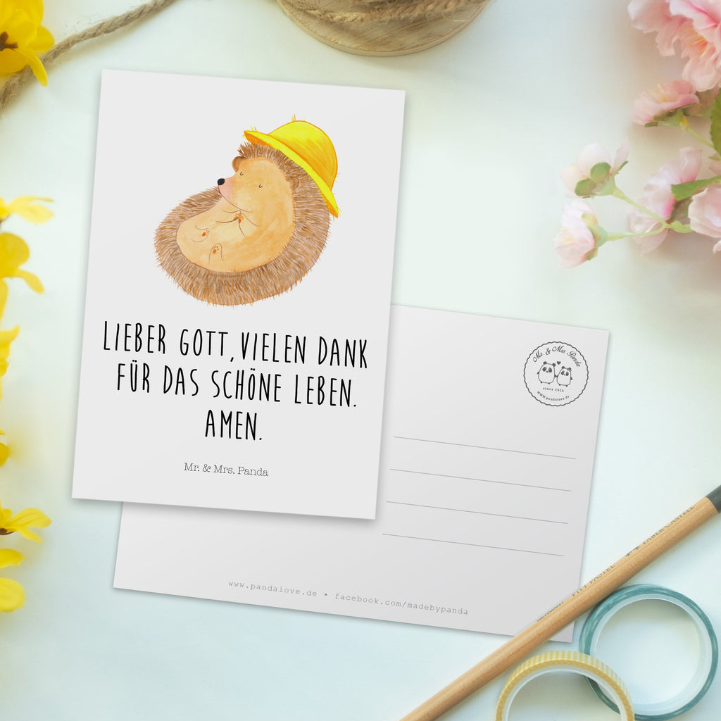 Postkarte Igel betet Geschenkkarte, Grußkarte, Karte, Einladung, Ansichtskarte, Geburtstagskarte, Einladungskarte, Dankeskarte, Tiermotive, Gute Laune, lustige Sprüche, Tiere, Igel, Igel mit Hut, Sonnenhut, Gott, Amen, beten, Leben, Dankbarkeit, Dankbar sein, dankbar, genießen