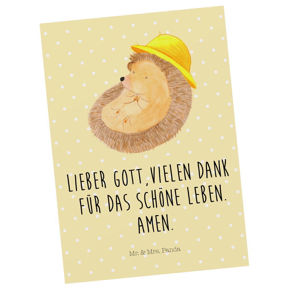 Postkarte Igel betet Geschenkkarte, Grußkarte, Karte, Einladung, Ansichtskarte, Geburtstagskarte, Einladungskarte, Dankeskarte, Tiermotive, Gute Laune, lustige Sprüche, Tiere, Igel, Igel mit Hut, Sonnenhut, Gott, Amen, beten, Leben, Dankbarkeit, Dankbar sein, dankbar, genießen