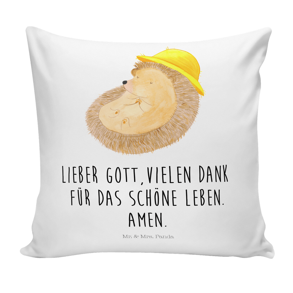 40x40 Kissen Igel betet Kissenhülle, Kopfkissen, Sofakissen, Dekokissen, Motivkissen, Tiermotive, Gute Laune, lustige Sprüche, Tiere, Igel, Igel mit Hut, Sonnenhut, Gott, Amen, beten, Leben, Dankbarkeit, Dankbar sein, dankbar, genießen