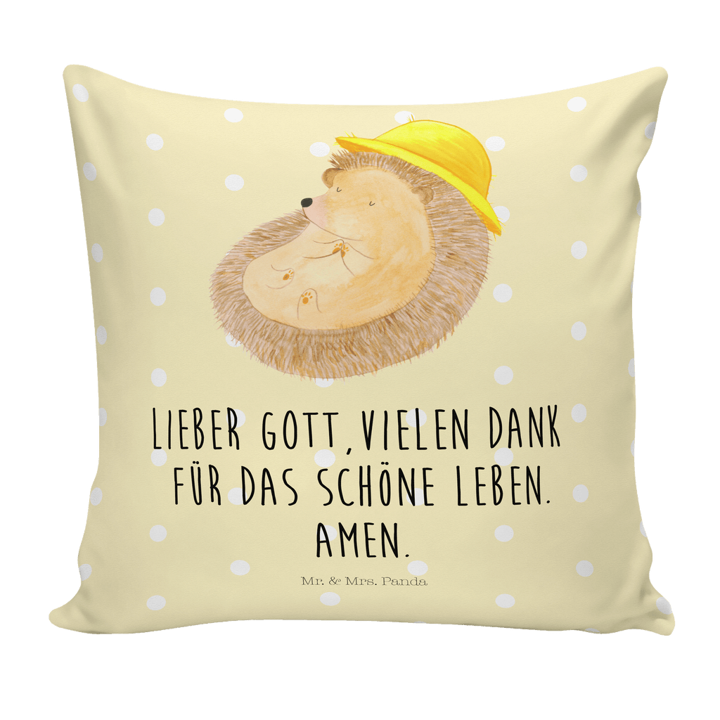40x40 Kissen Igel betet Kissenhülle, Kopfkissen, Sofakissen, Dekokissen, Motivkissen, Tiermotive, Gute Laune, lustige Sprüche, Tiere, Igel, Igel mit Hut, Sonnenhut, Gott, Amen, beten, Leben, Dankbarkeit, Dankbar sein, dankbar, genießen