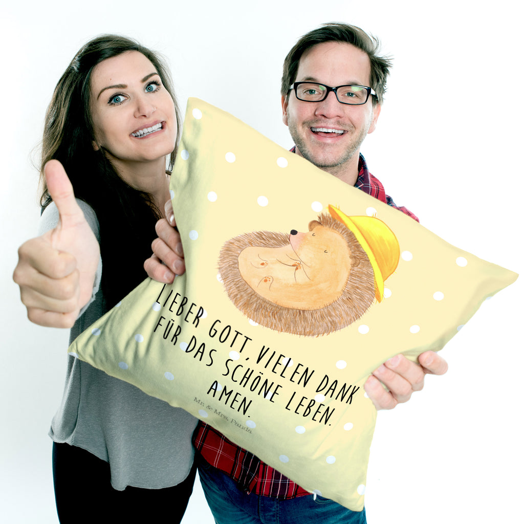 40x40 Kissen Igel betet Kissenhülle, Kopfkissen, Sofakissen, Dekokissen, Motivkissen, Tiermotive, Gute Laune, lustige Sprüche, Tiere, Igel, Igel mit Hut, Sonnenhut, Gott, Amen, beten, Leben, Dankbarkeit, Dankbar sein, dankbar, genießen