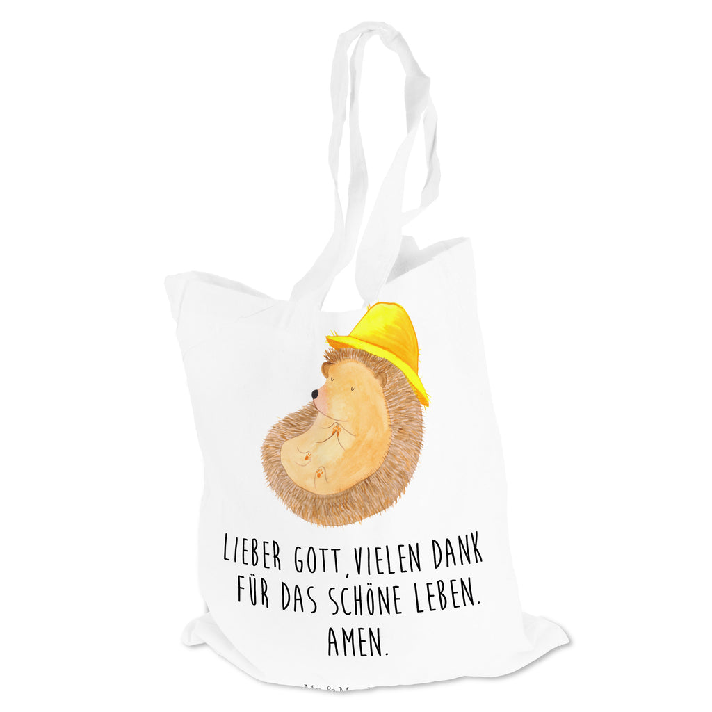 Tragetasche Igel betet Beuteltasche, Beutel, Einkaufstasche, Jutebeutel, Stoffbeutel, Tiermotive, Gute Laune, lustige Sprüche, Tiere, Igel, Igel mit Hut, Sonnenhut, Gott, Amen, beten, Leben, Dankbarkeit, Dankbar sein, dankbar, genießen