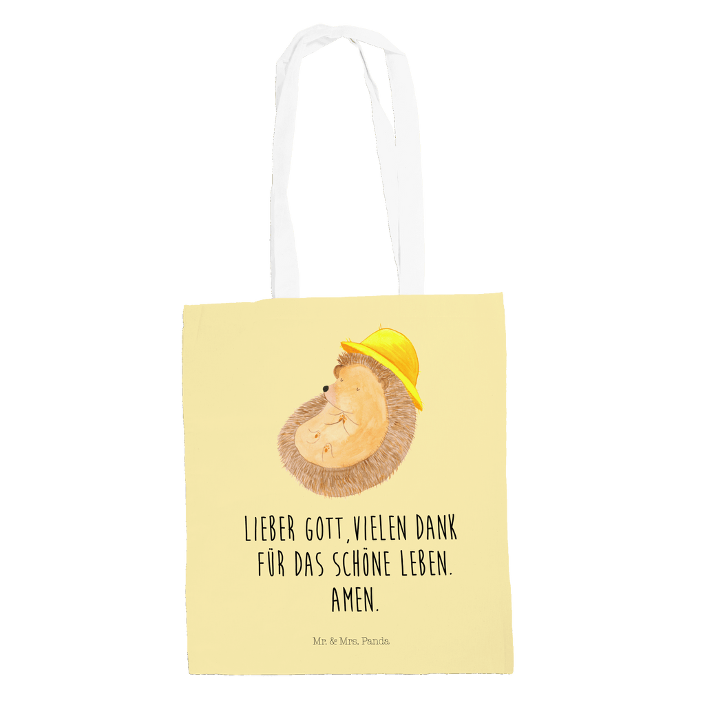 Tragetasche Igel betet Beuteltasche, Beutel, Einkaufstasche, Jutebeutel, Stoffbeutel, Tiermotive, Gute Laune, lustige Sprüche, Tiere, Igel, Igel mit Hut, Sonnenhut, Gott, Amen, beten, Leben, Dankbarkeit, Dankbar sein, dankbar, genießen