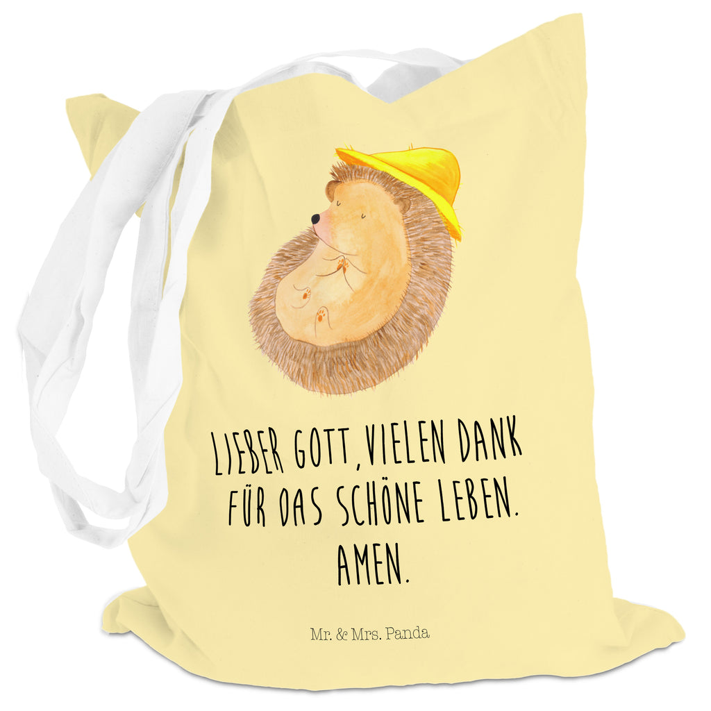 Tragetasche Igel betet Beuteltasche, Beutel, Einkaufstasche, Jutebeutel, Stoffbeutel, Tiermotive, Gute Laune, lustige Sprüche, Tiere, Igel, Igel mit Hut, Sonnenhut, Gott, Amen, beten, Leben, Dankbarkeit, Dankbar sein, dankbar, genießen