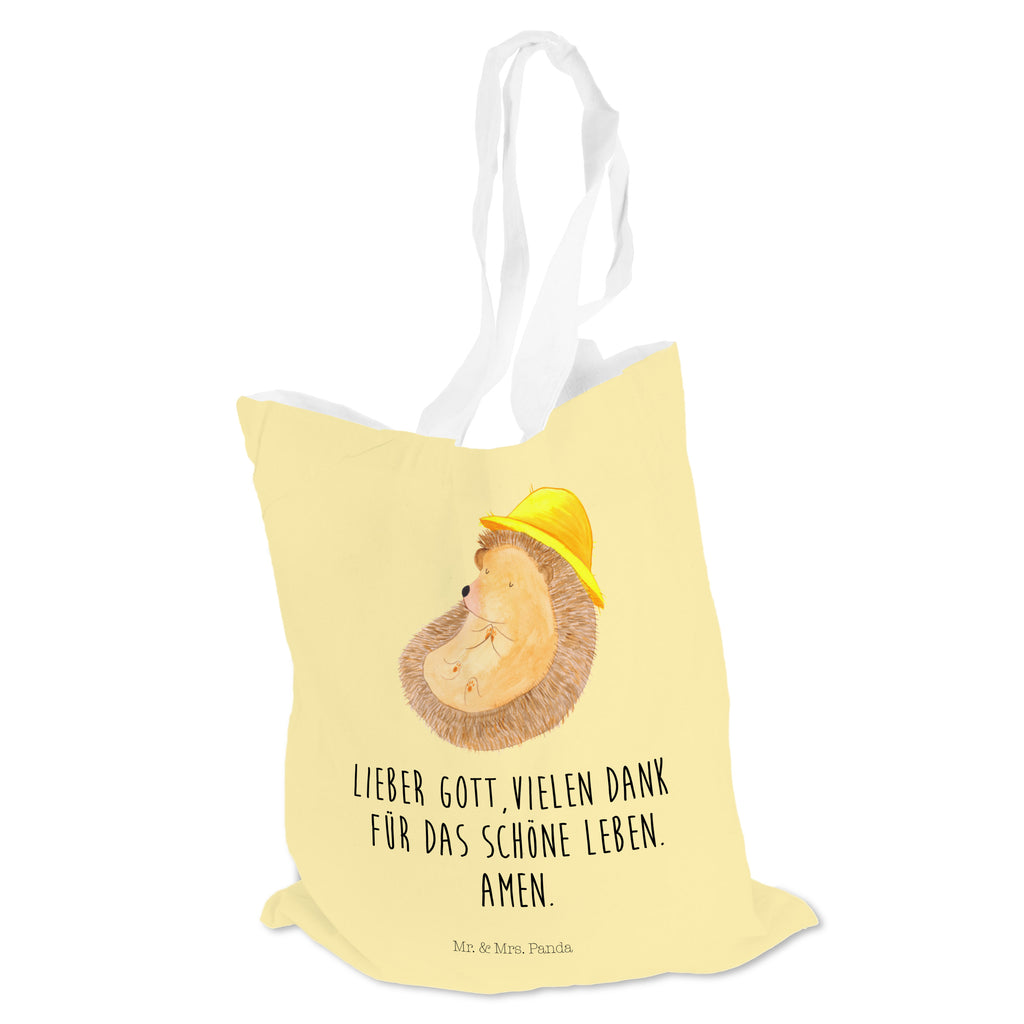 Tragetasche Igel betet Beuteltasche, Beutel, Einkaufstasche, Jutebeutel, Stoffbeutel, Tiermotive, Gute Laune, lustige Sprüche, Tiere, Igel, Igel mit Hut, Sonnenhut, Gott, Amen, beten, Leben, Dankbarkeit, Dankbar sein, dankbar, genießen