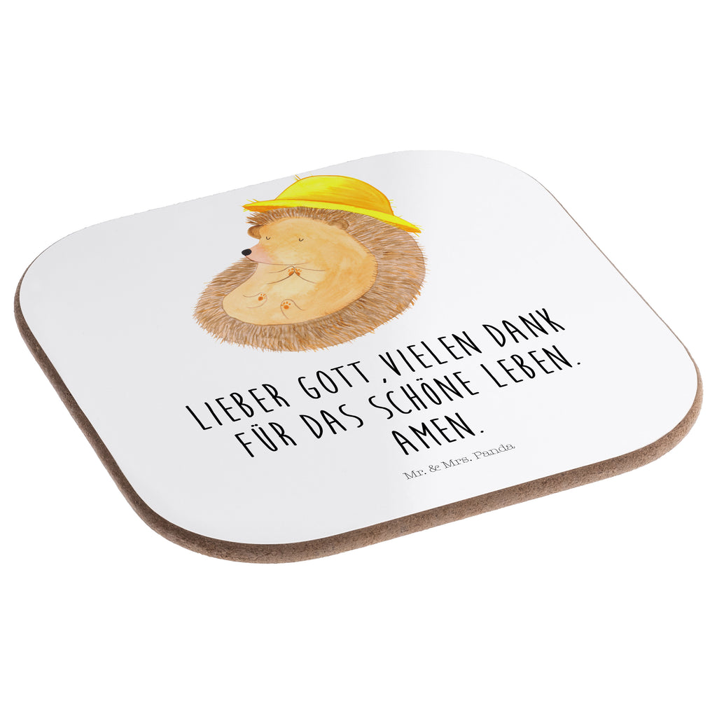 Quadratische Untersetzer Igel betet Bierdeckel, Glasuntersetzer, Untersetzer Gläser, Getränkeuntersetzer, Tiermotive, Gute Laune, lustige Sprüche, Tiere, Igel, Igel mit Hut, Sonnenhut, Gott, Amen, beten, Leben, Dankbarkeit, Dankbar sein, dankbar, genießen