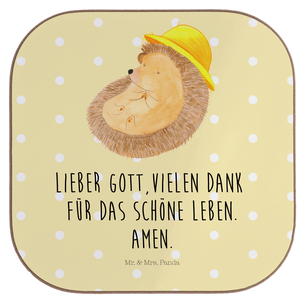 Quadratische Untersetzer Igel betet Bierdeckel, Glasuntersetzer, Untersetzer Gläser, Getränkeuntersetzer, Tiermotive, Gute Laune, lustige Sprüche, Tiere, Igel, Igel mit Hut, Sonnenhut, Gott, Amen, beten, Leben, Dankbarkeit, Dankbar sein, dankbar, genießen