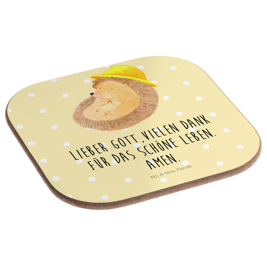 Quadratische Untersetzer Igel betet Bierdeckel, Glasuntersetzer, Untersetzer Gläser, Getränkeuntersetzer, Tiermotive, Gute Laune, lustige Sprüche, Tiere, Igel, Igel mit Hut, Sonnenhut, Gott, Amen, beten, Leben, Dankbarkeit, Dankbar sein, dankbar, genießen