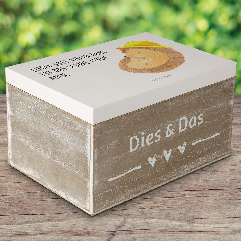 Holzkiste Igel betet Holzkiste, Kiste, Schatzkiste, Truhe, Schatulle, XXL, Erinnerungsbox, Erinnerungskiste, Dekokiste, Aufbewahrungsbox, Tiermotive, Gute Laune, lustige Sprüche, Tiere, Igel, Igel mit Hut, Sonnenhut, Gott, Amen, beten, Leben, Dankbarkeit, Dankbar sein, dankbar, genießen