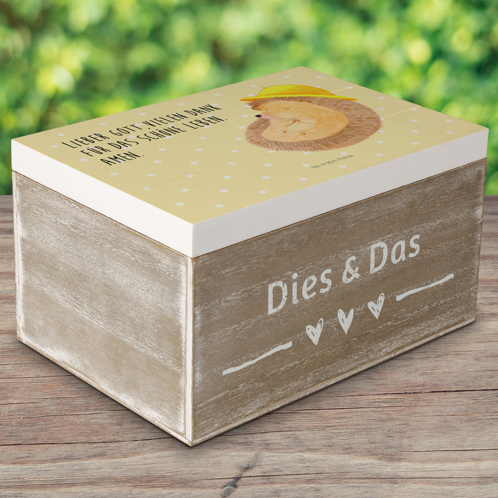 Holzkiste Igel betet Holzkiste, Kiste, Schatzkiste, Truhe, Schatulle, XXL, Erinnerungsbox, Erinnerungskiste, Dekokiste, Aufbewahrungsbox, Tiermotive, Gute Laune, lustige Sprüche, Tiere, Igel, Igel mit Hut, Sonnenhut, Gott, Amen, beten, Leben, Dankbarkeit, Dankbar sein, dankbar, genießen