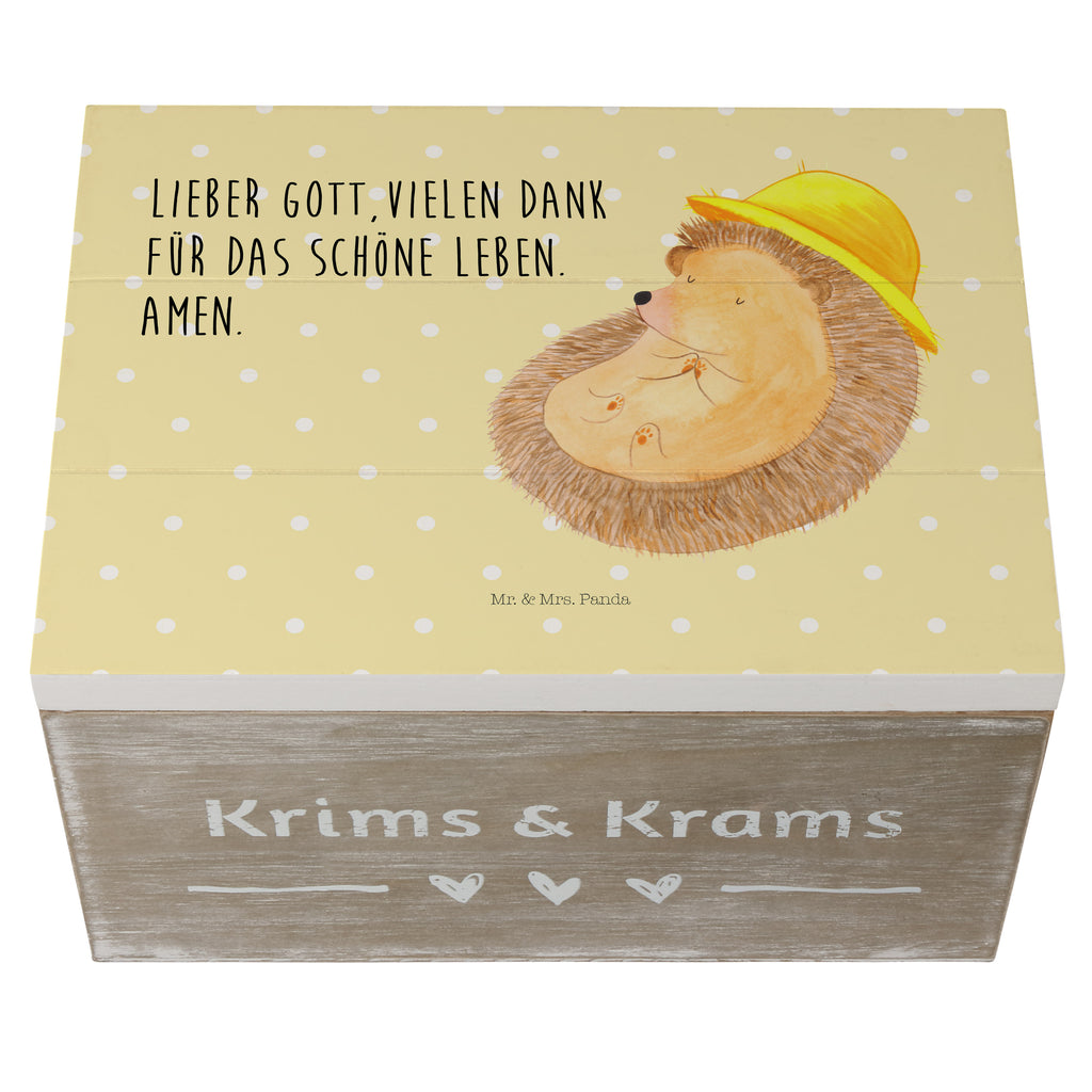Holzkiste Igel betet Holzkiste, Kiste, Schatzkiste, Truhe, Schatulle, XXL, Erinnerungsbox, Erinnerungskiste, Dekokiste, Aufbewahrungsbox, Tiermotive, Gute Laune, lustige Sprüche, Tiere, Igel, Igel mit Hut, Sonnenhut, Gott, Amen, beten, Leben, Dankbarkeit, Dankbar sein, dankbar, genießen