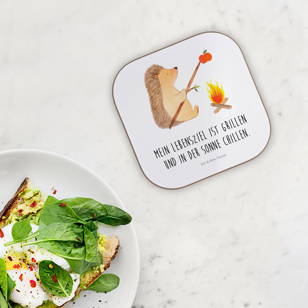 Quadratische Untersetzer Igel grillt Bierdeckel, Glasuntersetzer, Untersetzer Gläser, Getränkeuntersetzer, Tiermotive, Gute Laune, lustige Sprüche, Tiere, Igel, Grillen, Ziele, Motivation, arbeitslos, Sinn des Lebens, Spruch