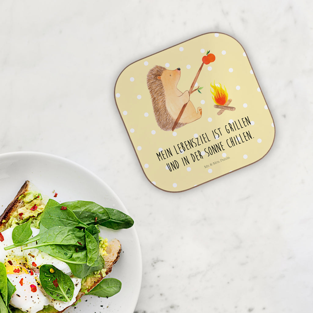 Quadratische Untersetzer Igel grillt Bierdeckel, Glasuntersetzer, Untersetzer Gläser, Getränkeuntersetzer, Tiermotive, Gute Laune, lustige Sprüche, Tiere, Igel, Grillen, Ziele, Motivation, arbeitslos, Sinn des Lebens, Spruch