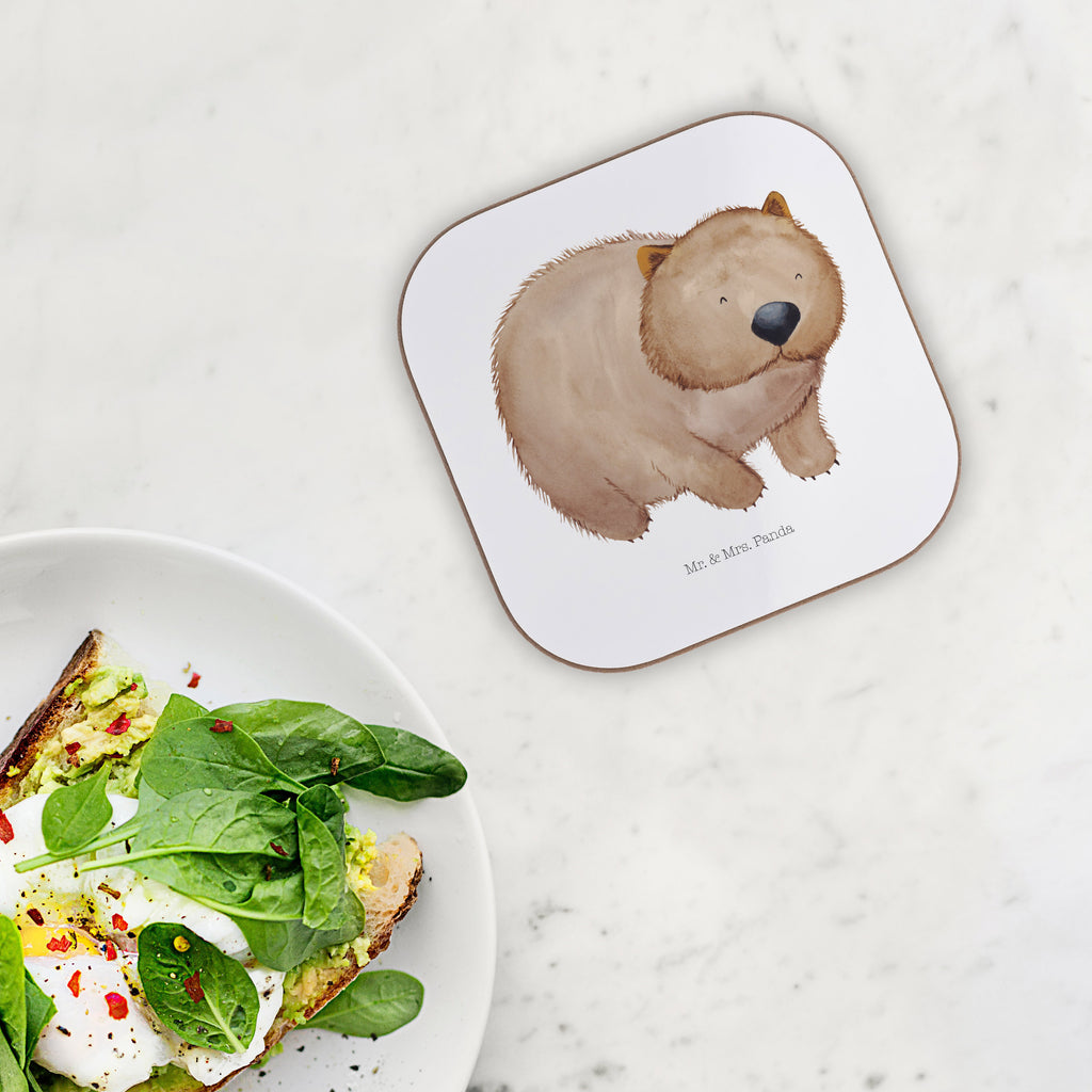 Quadratische Untersetzer Wombat Bierdeckel, Glasuntersetzer, Untersetzer Gläser, Getränkeuntersetzer, Tiermotive, Gute Laune, lustige Sprüche, Tiere, Wombat, Das Leben ist schön, Motivation, Spruch, Australien