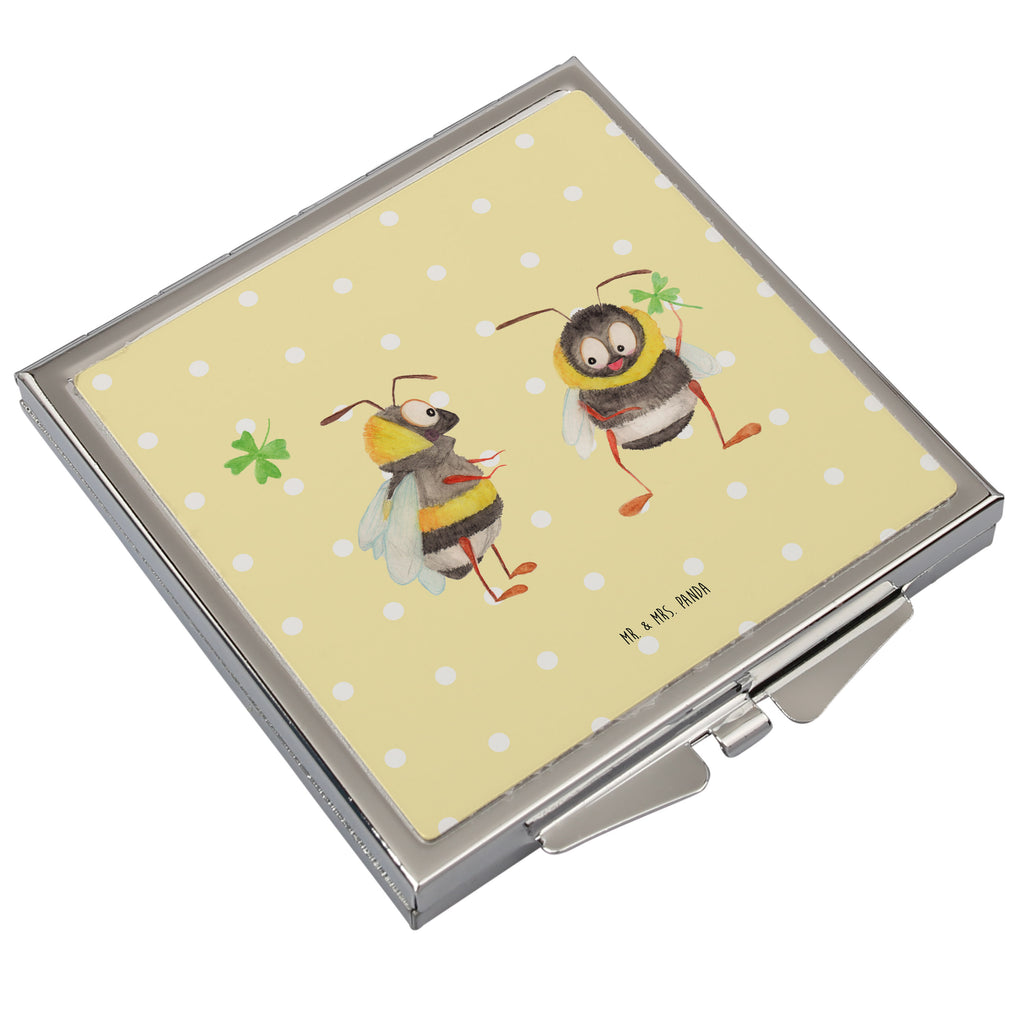 Handtaschenspiegel quadratisch Hummeln mit Kleeblatt Spiegel, Handtasche, Quadrat, silber, schminken, Schminkspiegel, Tiermotive, Gute Laune, lustige Sprüche, Tiere, Hummel, Biene, Spruch positiv, Biene Deko, Spruch schön, glücklich sein, glücklich werden, Spruch fröhlich