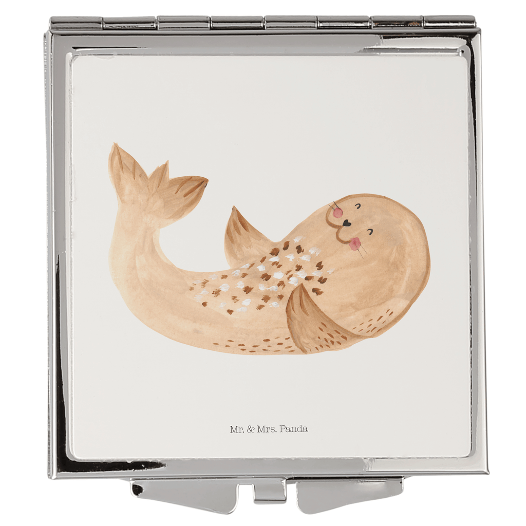 Handtaschenspiegel quadratisch Robbe liegend Spiegel, Handtasche, Quadrat, silber, schminken, Schminkspiegel, Tiermotive, Gute Laune, lustige Sprüche, Tiere, Robbe, Robben, Seehund, Strand, Meerestier, Ostsee, Nordsee, Lachen, Freude