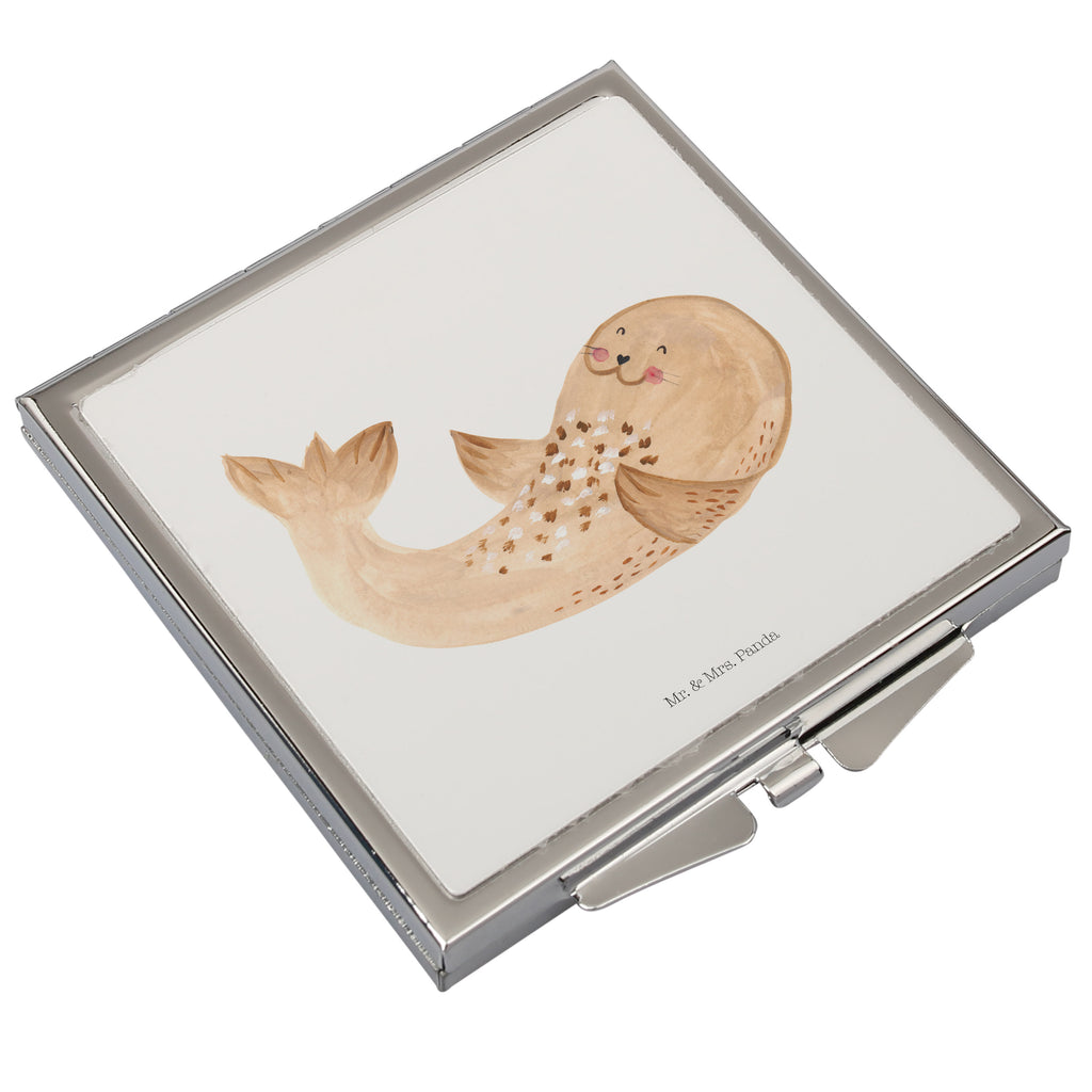 Handtaschenspiegel quadratisch Robbe liegend Spiegel, Handtasche, Quadrat, silber, schminken, Schminkspiegel, Tiermotive, Gute Laune, lustige Sprüche, Tiere, Robbe, Robben, Seehund, Strand, Meerestier, Ostsee, Nordsee, Lachen, Freude
