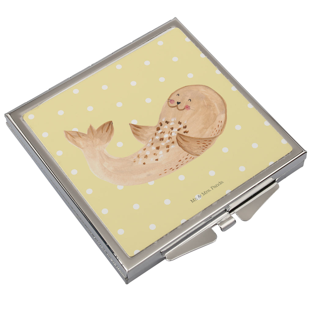 Handtaschenspiegel quadratisch Robbe liegend Spiegel, Handtasche, Quadrat, silber, schminken, Schminkspiegel, Tiermotive, Gute Laune, lustige Sprüche, Tiere, Robbe, Robben, Seehund, Strand, Meerestier, Ostsee, Nordsee, Lachen, Freude