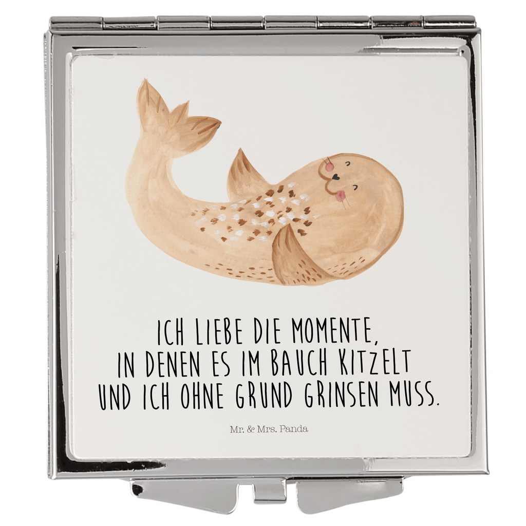 Handtaschenspiegel quadratisch Robbe liegend Spiegel, Handtasche, Quadrat, silber, schminken, Schminkspiegel, Tiermotive, Gute Laune, lustige Sprüche, Tiere, Robbe, Robben, Seehund, Strand, Meerestier, Ostsee, Nordsee, Lachen, Freude