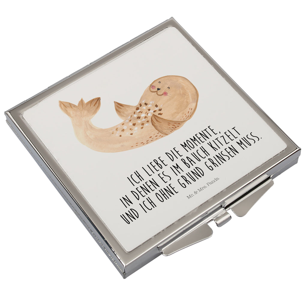 Handtaschenspiegel quadratisch Robbe liegend Spiegel, Handtasche, Quadrat, silber, schminken, Schminkspiegel, Tiermotive, Gute Laune, lustige Sprüche, Tiere, Robbe, Robben, Seehund, Strand, Meerestier, Ostsee, Nordsee, Lachen, Freude