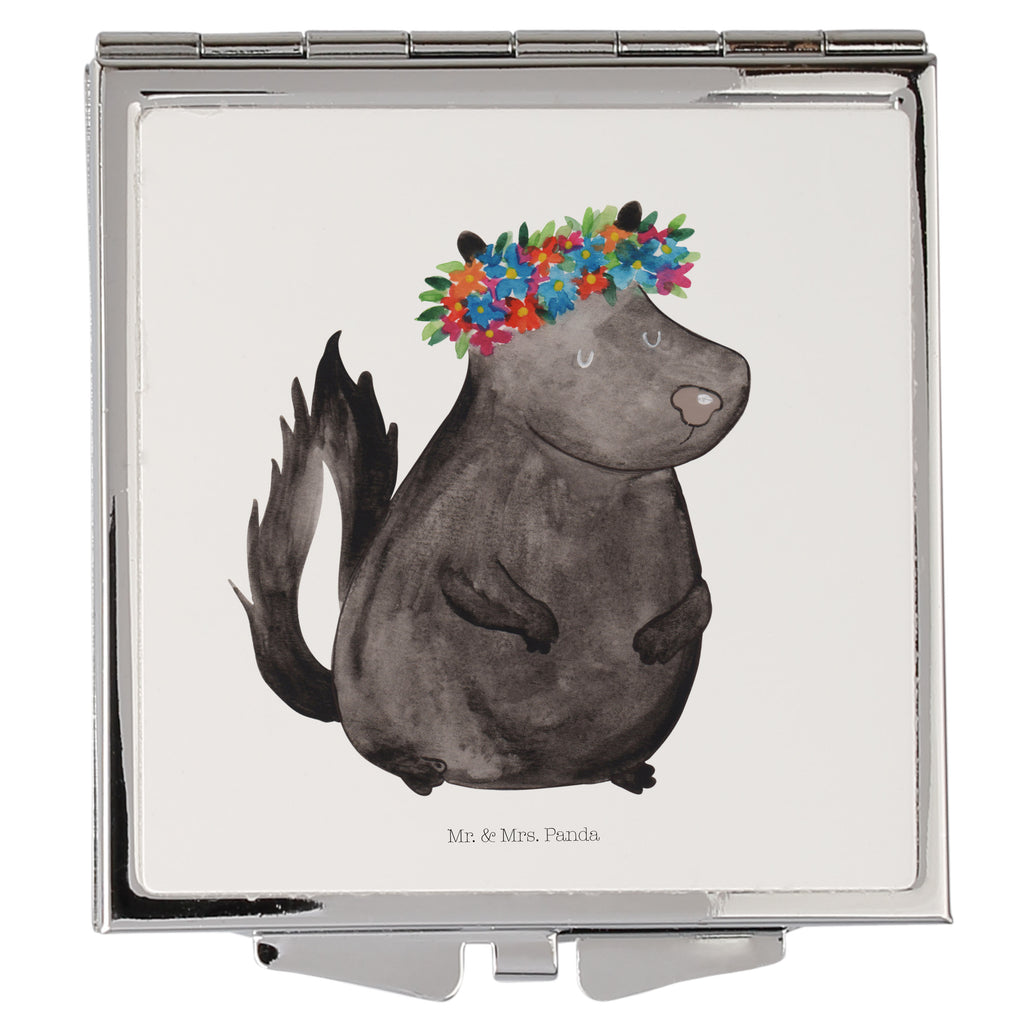 Handtaschenspiegel quadratisch Stinktier Blumenmaedchen Spiegel, Handtasche, Quadrat, silber, schminken, Schminkspiegel, Stinktier, Skunk, Wildtier, Raubtier, Stinker, Stinki, Yoga, Namaste, Lebe, Liebe, Lache