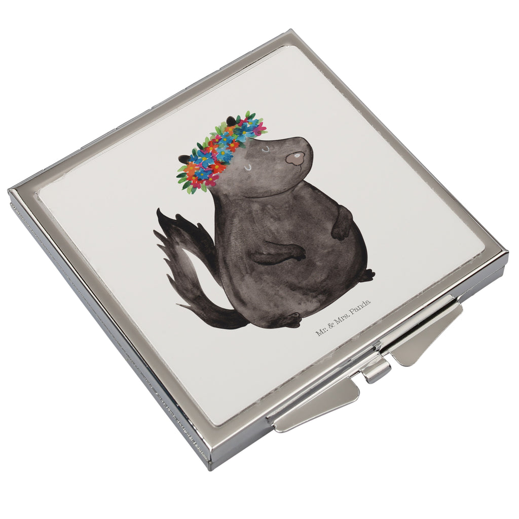 Handtaschenspiegel quadratisch Stinktier Blumenmaedchen Spiegel, Handtasche, Quadrat, silber, schminken, Schminkspiegel, Stinktier, Skunk, Wildtier, Raubtier, Stinker, Stinki, Yoga, Namaste, Lebe, Liebe, Lache