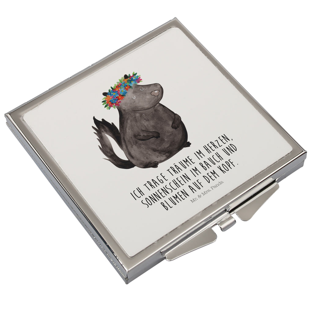 Handtaschenspiegel quadratisch Stinktier Blumenmaedchen Spiegel, Handtasche, Quadrat, silber, schminken, Schminkspiegel, Stinktier, Skunk, Wildtier, Raubtier, Stinker, Stinki, Yoga, Namaste, Lebe, Liebe, Lache