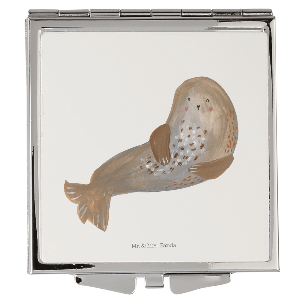 Handtaschenspiegel quadratisch Robbe lachend Spiegel, Handtasche, Quadrat, silber, schminken, Schminkspiegel, Tiermotive, Gute Laune, lustige Sprüche, Tiere, Robbe, Robben, Seehund, Strand, Meerestier, Ostsee, Nordsee