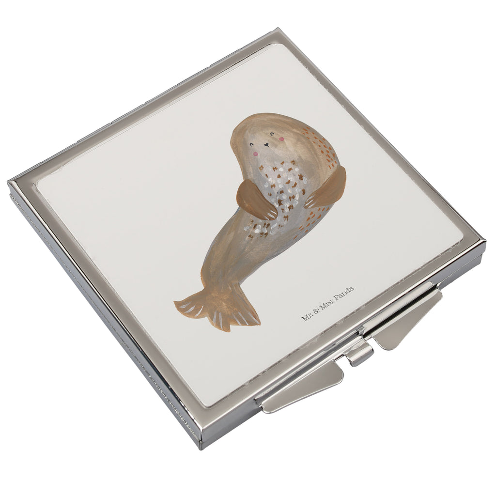 Handtaschenspiegel quadratisch Robbe lachend Spiegel, Handtasche, Quadrat, silber, schminken, Schminkspiegel, Tiermotive, Gute Laune, lustige Sprüche, Tiere, Robbe, Robben, Seehund, Strand, Meerestier, Ostsee, Nordsee