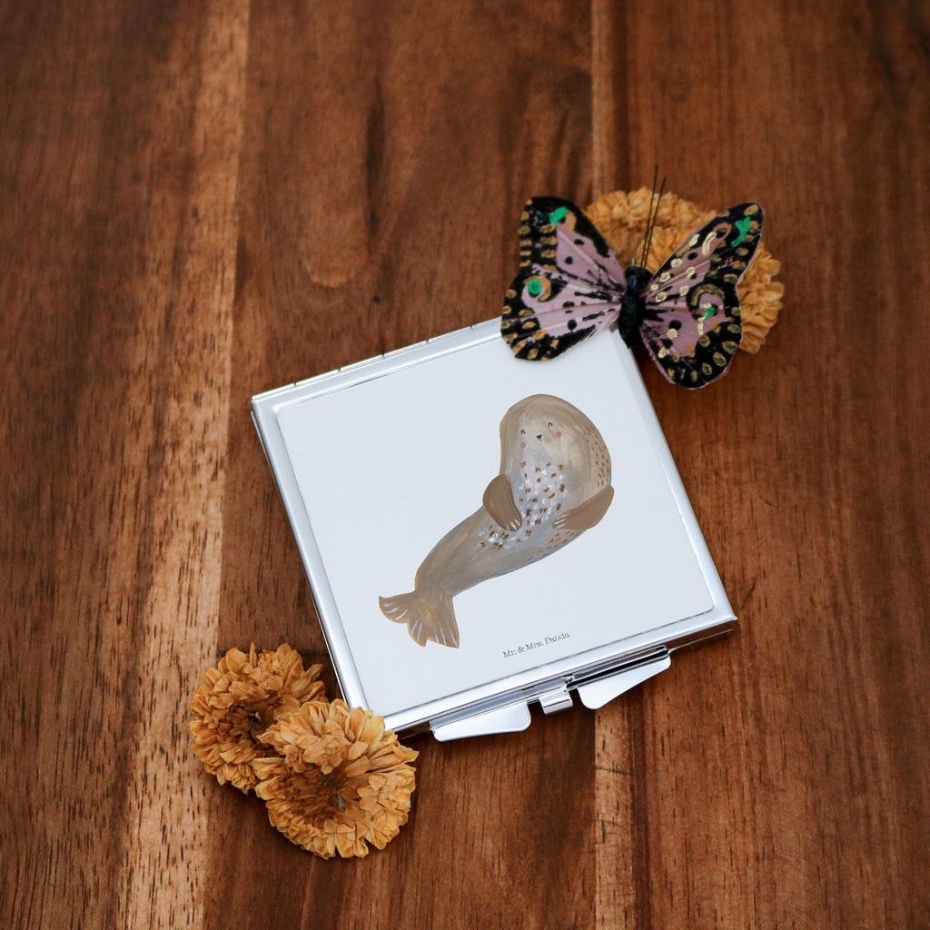 Handtaschenspiegel quadratisch Robbe lachend Spiegel, Handtasche, Quadrat, silber, schminken, Schminkspiegel, Tiermotive, Gute Laune, lustige Sprüche, Tiere, Robbe, Robben, Seehund, Strand, Meerestier, Ostsee, Nordsee