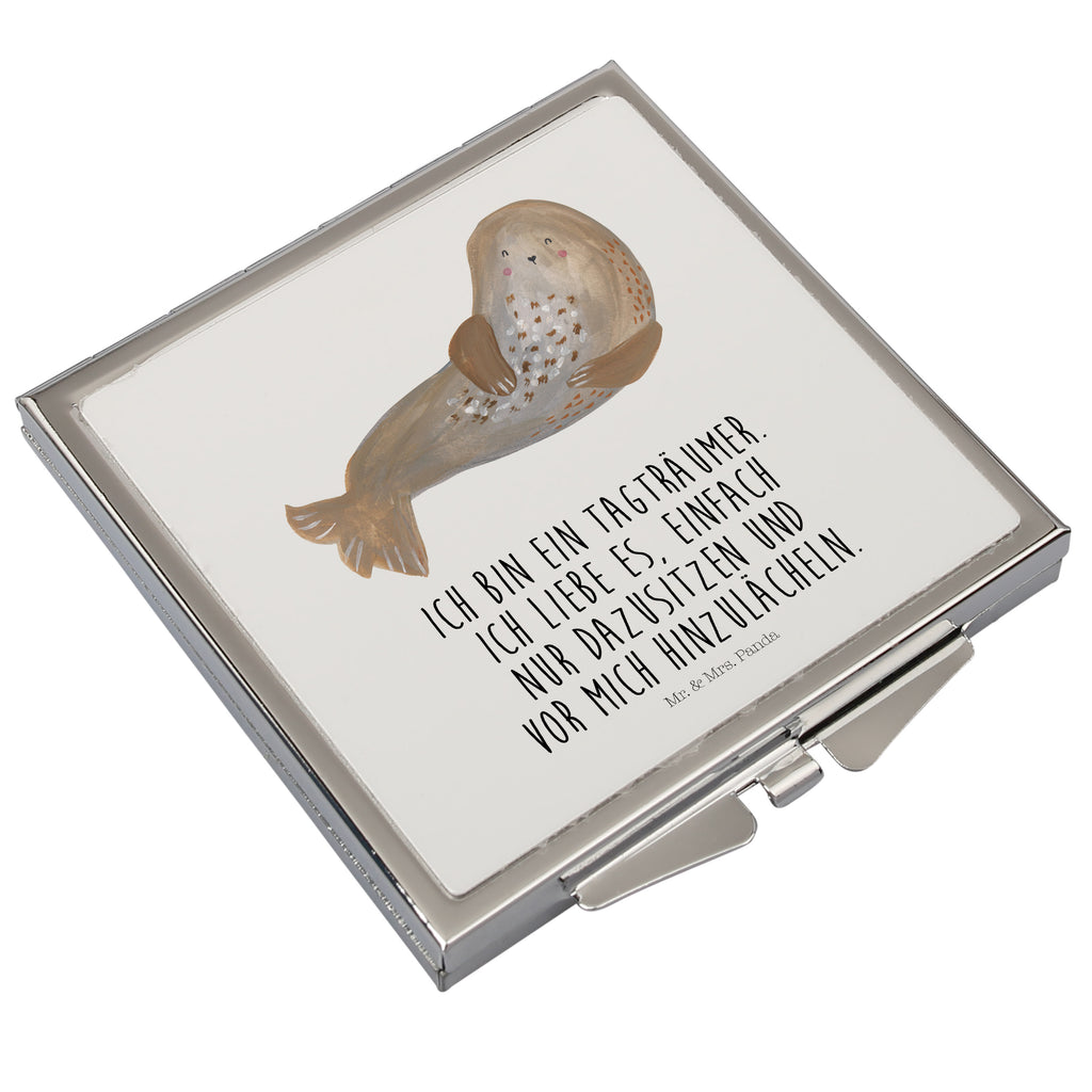 Handtaschenspiegel quadratisch Robbe lachend Spiegel, Handtasche, Quadrat, silber, schminken, Schminkspiegel, Tiermotive, Gute Laune, lustige Sprüche, Tiere, Robbe, Robben, Seehund, Strand, Meerestier, Ostsee, Nordsee