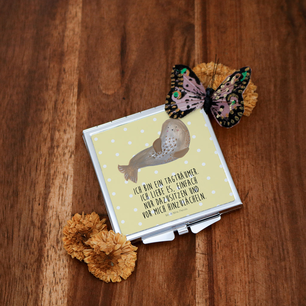 Handtaschenspiegel quadratisch Robbe lachend Spiegel, Handtasche, Quadrat, silber, schminken, Schminkspiegel, Tiermotive, Gute Laune, lustige Sprüche, Tiere, Robbe, Robben, Seehund, Strand, Meerestier, Ostsee, Nordsee