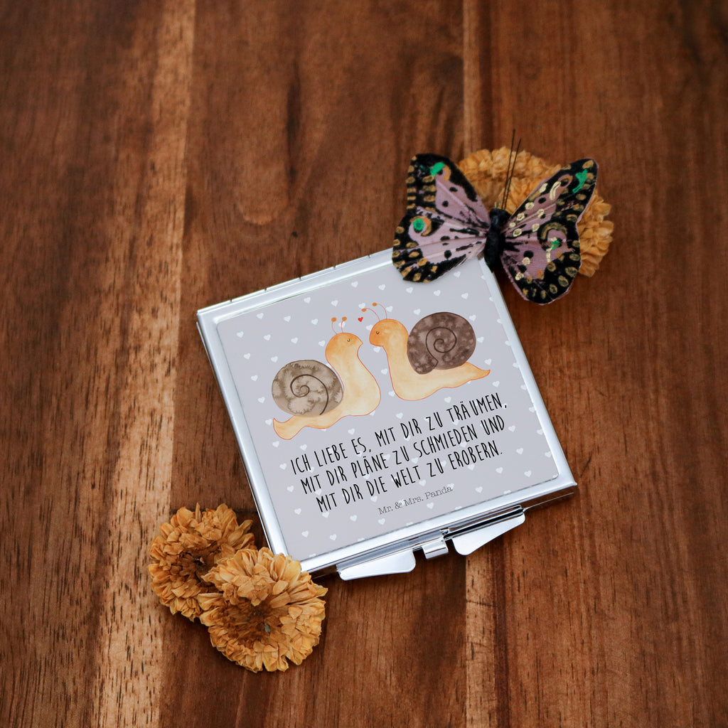 Handtaschenspiegel quadratisch Schnecken Liebe Spiegel, Handtasche, Quadrat, silber, schminken, Schminkspiegel, Liebe, Partner, Freund, Freundin, Ehemann, Ehefrau, Heiraten, Verlobung, Heiratsantrag, Liebesgeschenk, Jahrestag, Hocheitstag