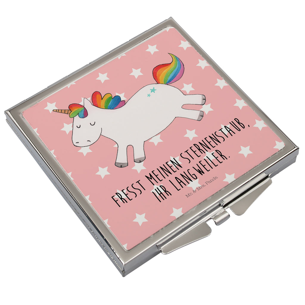 Handtaschenspiegel quadratisch Einhorn Happy Spiegel, Handtasche, Quadrat, silber, schminken, Schminkspiegel, Einhorn, Einhörner, Einhorn Deko, Pegasus, Unicorn, glücklich, fröhlich, Spaß, Freude, Lebensfreude, witzig, spannend, Lächeln, Lachen
