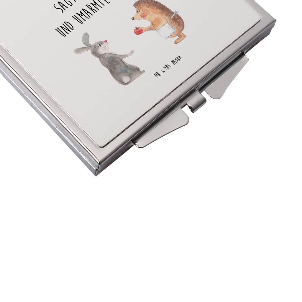 Handtaschenspiegel quadratisch Liebe ist nie ohne Schmerz Spiegel, Handtasche, Quadrat, silber, schminken, Schminkspiegel, Tiermotive, Gute Laune, lustige Sprüche, Tiere, Igel und Hase, Igel, Hase, Liebe Spruch, Liebeskummer Geschenk, Herzschmerz, Trösten, Trennungsschmerz, Spruch romantisch