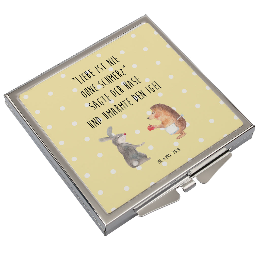 Handtaschenspiegel quadratisch Liebe ist nie ohne Schmerz Spiegel, Handtasche, Quadrat, silber, schminken, Schminkspiegel, Tiermotive, Gute Laune, lustige Sprüche, Tiere, Igel und Hase, Igel, Hase, Liebe Spruch, Liebeskummer Geschenk, Herzschmerz, Trösten, Trennungsschmerz, Spruch romantisch